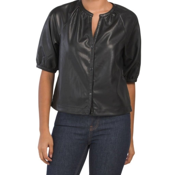 Avec Les Filles Tops - Avec Les Filles Faux Leather Top Crop Vegan Half Sleeve Black Button Up 1192